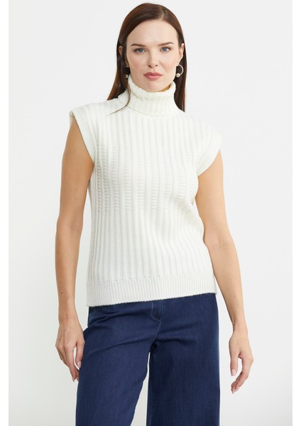 Yünlü Tam Balıkçı Kolsuz Triko Süveter - Kemik fiyatları