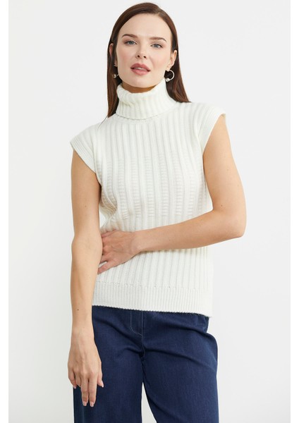 Yünlü Tam Balıkçı Kolsuz Triko Süveter - Kemik modelleri