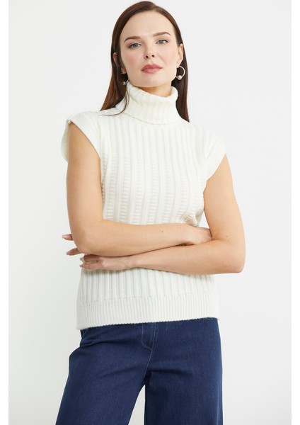 Yünlü Tam Balıkçı Kolsuz Triko Süveter - Kemik fırsatları