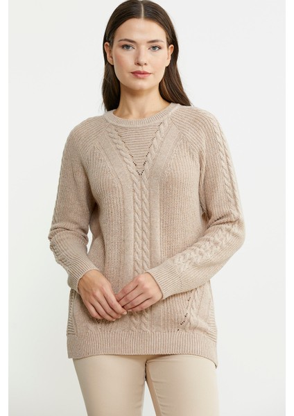 Salaş Motifli Yünlü Triko Kazak - Vizon