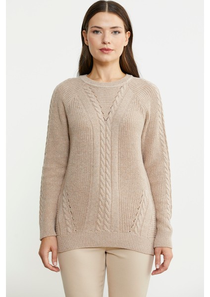 Salaş Motifli Yünlü Triko Kazak - Vizon fiyatları