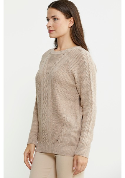 Salaş Motifli Yünlü Triko Kazak - Vizon fırsatları