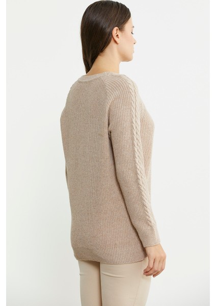 Salaş Motifli Yünlü Triko Kazak - Vizon indirimleri