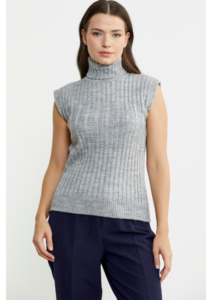 Yünlü Tam Balıkçı Kolsuz Triko Süveter - Açık Gri