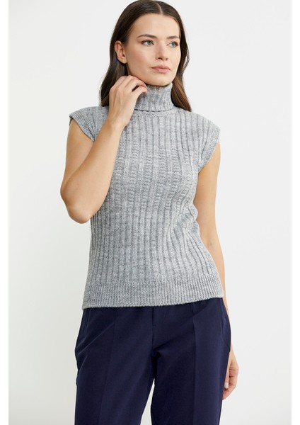 Yünlü Tam Balıkçı Kolsuz Triko Süveter - Açık Gri fiyatları