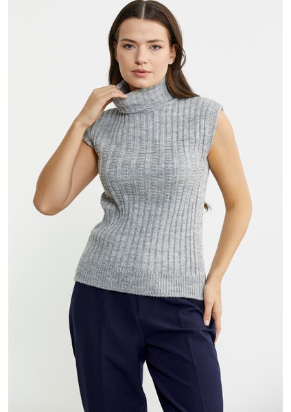 Yünlü Tam Balıkçı Kolsuz Triko Süveter - Açık Gri modelleri