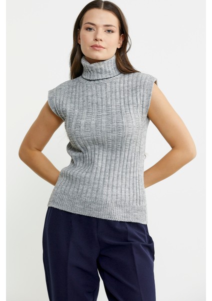 Yünlü Tam Balıkçı Kolsuz Triko Süveter - Açık Gri fırsatları