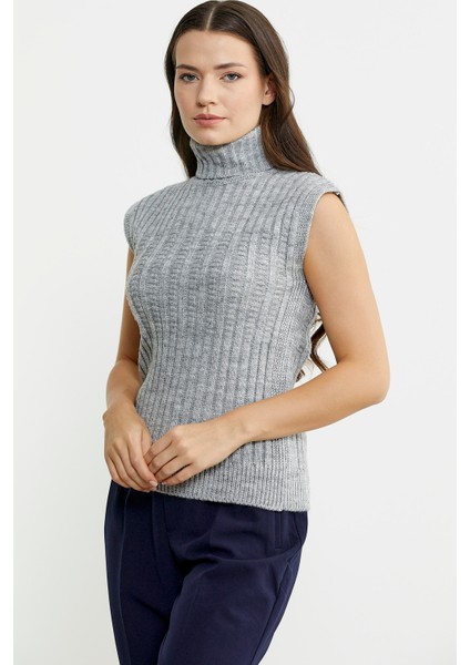 Yünlü Tam Balıkçı Kolsuz Triko Süveter - Açık Gri indirimleri