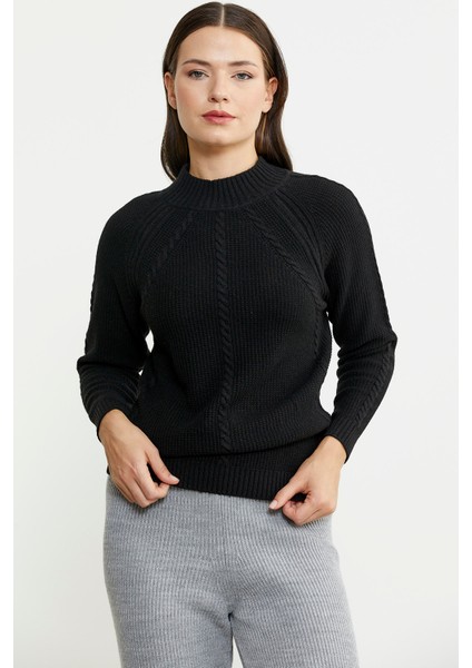 Yünlü Motif Detaylı Dik Yaka Triko Kazak - Siyah