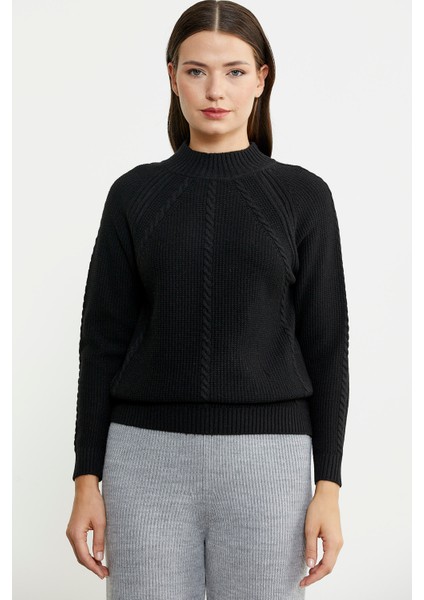 Yünlü Motif Detaylı Dik Yaka Triko Kazak - Siyah modelleri