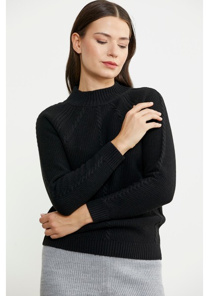 Yünlü Motif Detaylı Dik Yaka Triko Kazak - Siyah fırsatları