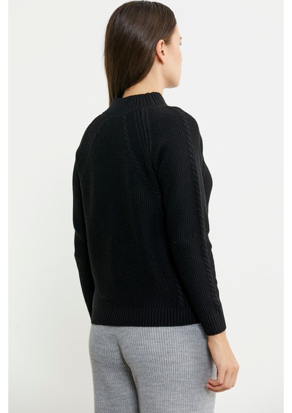 Yünlü Motif Detaylı Dik Yaka Triko Kazak - Siyah indirimleri