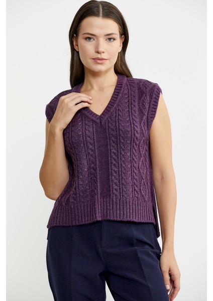 Saç Örgülü Arkası Uzun Yünlü Triko Süveter - Mor