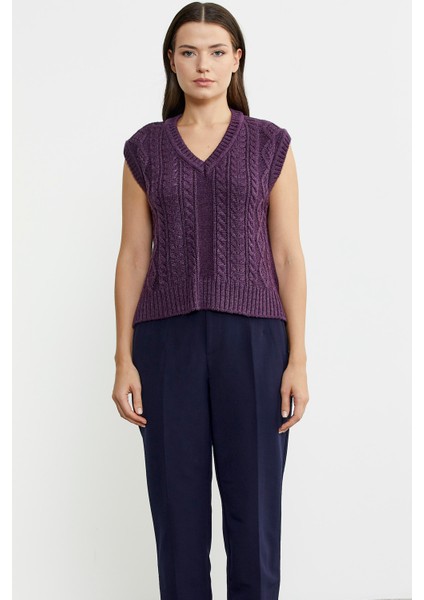 Saç Örgülü Arkası Uzun Yünlü Triko Süveter - Mor fiyatları