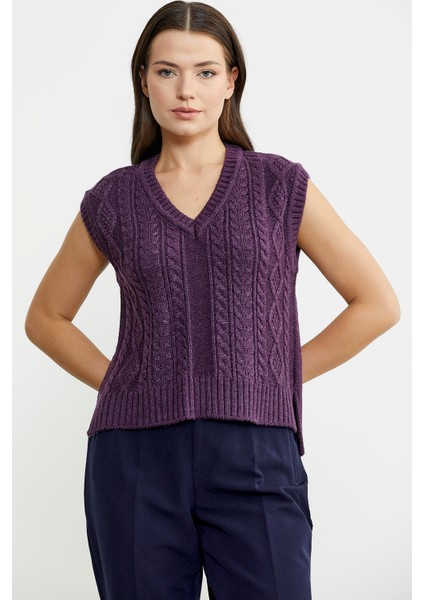 Saç Örgülü Arkası Uzun Yünlü Triko Süveter - Mor modelleri