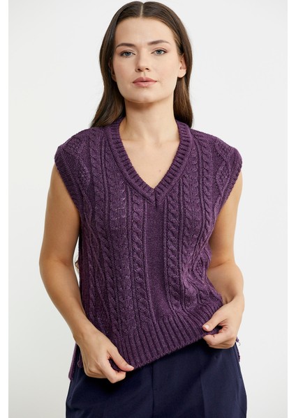 Saç Örgülü Arkası Uzun Yünlü Triko Süveter - Mor fırsatları