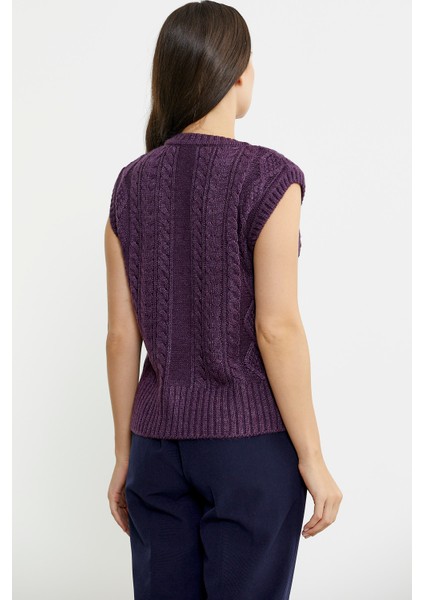 Saç Örgülü Arkası Uzun Yünlü Triko Süveter - Mor indirimleri