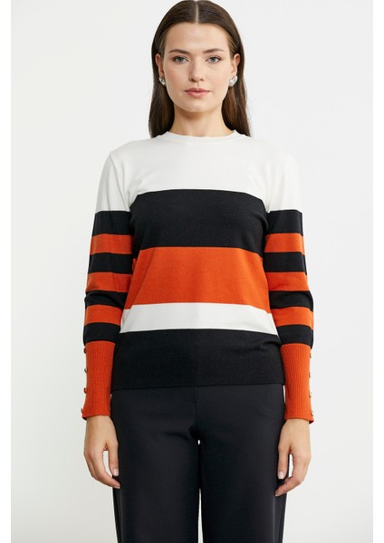 Blok Çizgili Kolu Düğme Detaylı Triko Kazak - Siyah