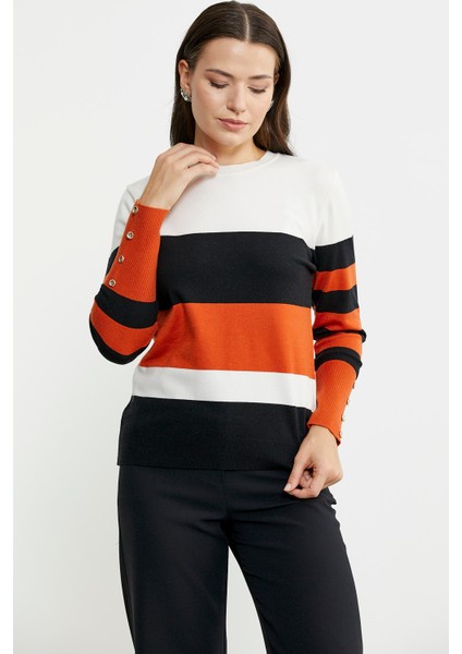 Blok Çizgili Kolu Düğme Detaylı Triko Kazak - Siyah fiyatları