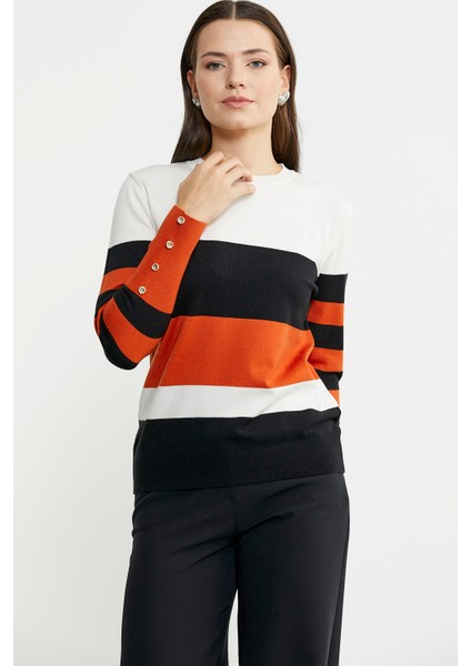 Blok Çizgili Kolu Düğme Detaylı Triko Kazak - Siyah modelleri