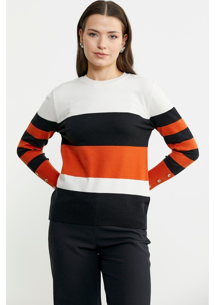 Blok Çizgili Kolu Düğme Detaylı Triko Kazak - Siyah fırsatları