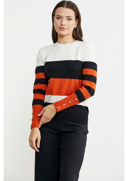 Blok Çizgili Kolu Düğme Detaylı Triko Kazak - Siyah indirimleri