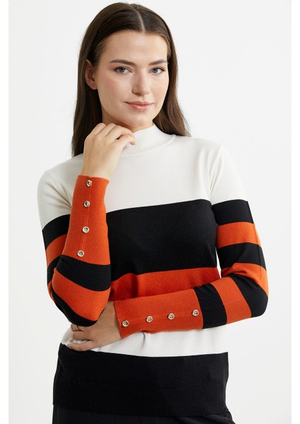 Blok Çizgili Yarım Balıkçı Triko Kazak - Siyah