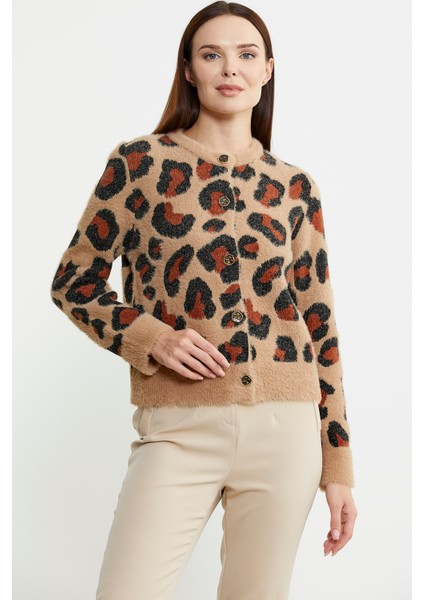Leopar Desenli Sakallı Triko Hırka - Bej
