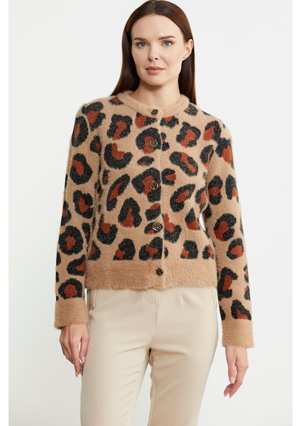 Leopar Desenli Sakallı Triko Hırka - Bej