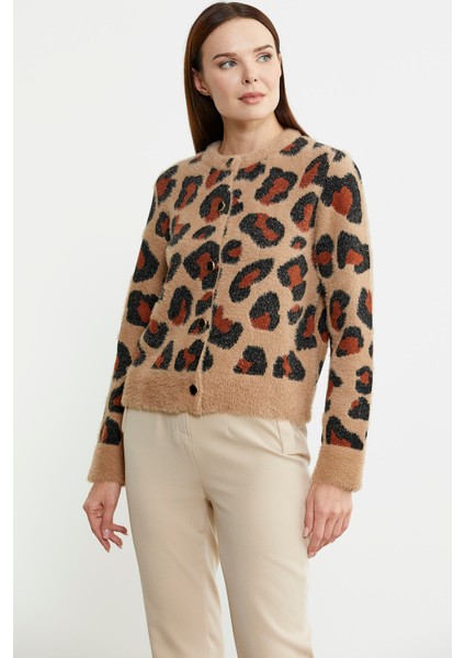 Leopar Desenli Sakallı Triko Hırka - Bej