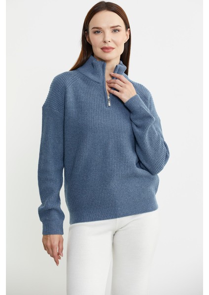 Yarım Balıkçı Yaka Fermuarlı Yün Triko Kazak - Koyu Mavi fiyatları