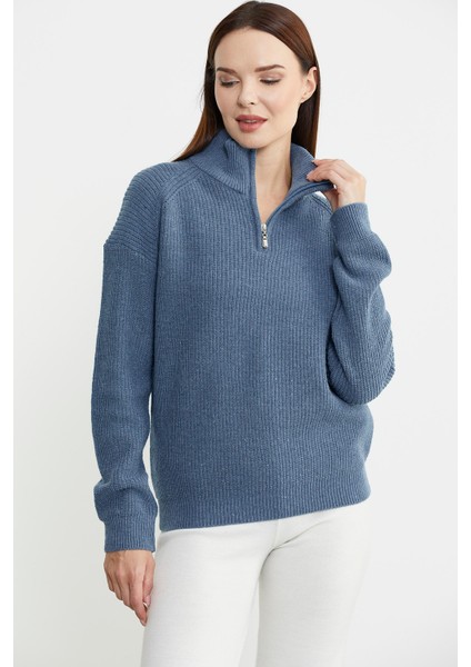 Yarım Balıkçı Yaka Fermuarlı Yün Triko Kazak - Koyu Mavi modelleri