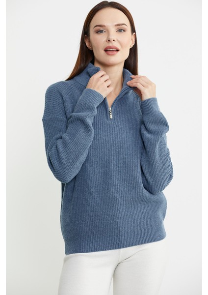 Yarım Balıkçı Yaka Fermuarlı Yün Triko Kazak - Koyu Mavi fırsatları