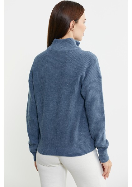 Yarım Balıkçı Yaka Fermuarlı Yün Triko Kazak - Koyu Mavi indirimleri