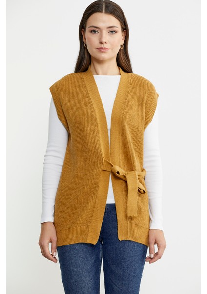 Kendinden Kemerli Yünlü Triko Yelek - Güneş