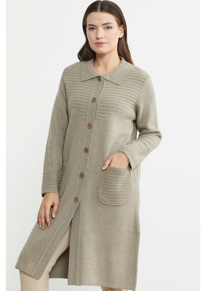 Nervür Detaylı Cepli Uzun Yünlü Triko Hırka - Vizon