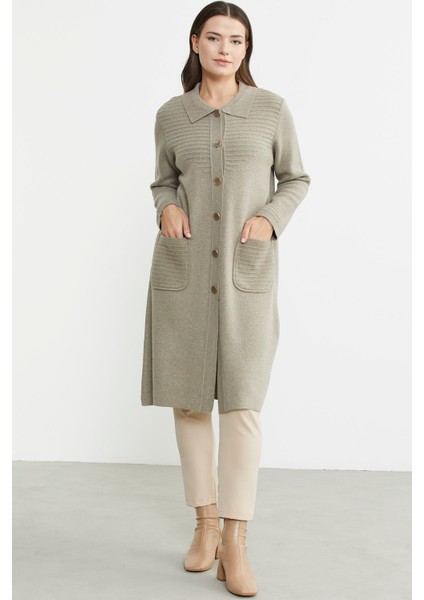 Nervür Detaylı Cepli Uzun Yünlü Triko Hırka - Vizon fiyatları