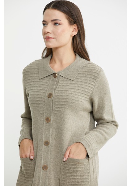 Nervür Detaylı Cepli Uzun Yünlü Triko Hırka - Vizon modelleri