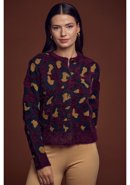 Leopar Desenli Sakallı Triko Hırka - Bordo