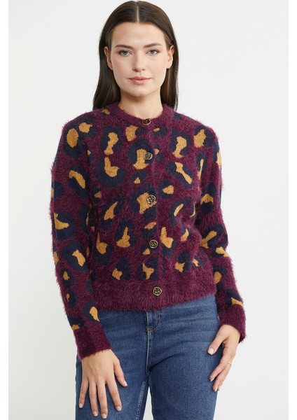 Leopar Desenli Sakallı Triko Hırka - Bordo