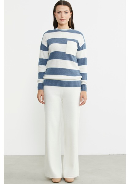 Cep Detaylı Çizgili Yünlü Triko Kazak - Mavi