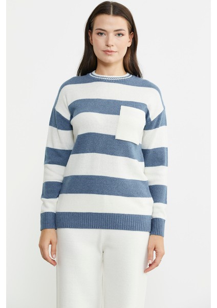 Cep Detaylı Çizgili Yünlü Triko Kazak - Mavi fiyatları