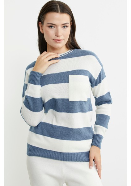 Cep Detaylı Çizgili Yünlü Triko Kazak - Mavi modelleri