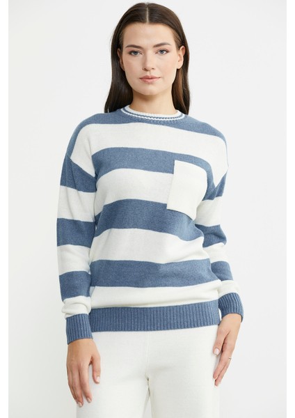 Cep Detaylı Çizgili Yünlü Triko Kazak - Mavi fırsatları