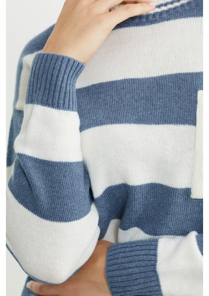 Cep Detaylı Çizgili Yünlü Triko Kazak - Mavi indirimleri