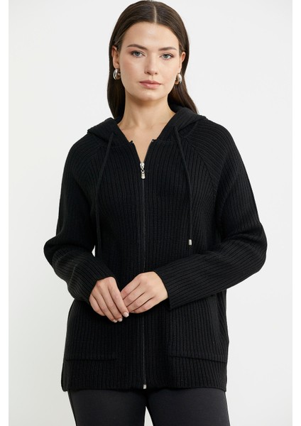 Kapüşonlu Tam Fermuarlı Yünlü Triko Hırka - Siyah