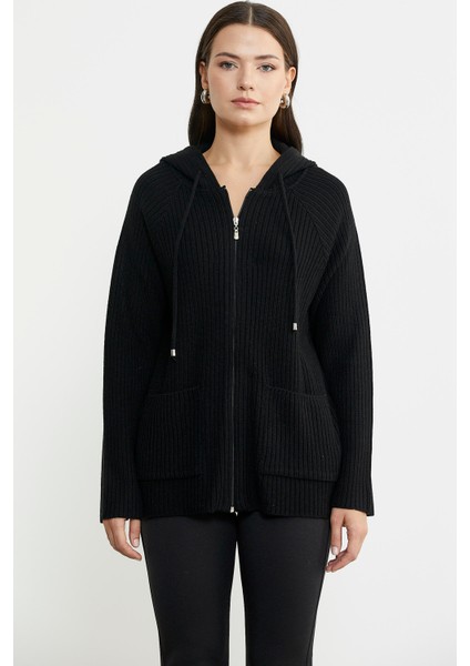 Kapüşonlu Tam Fermuarlı Yünlü Triko Hırka - Siyah fiyatları