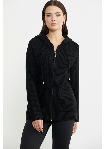 Kapüşonlu Tam Fermuarlı Yünlü Triko Hırka - Siyah modelleri