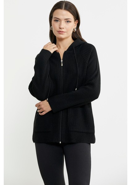 Kapüşonlu Tam Fermuarlı Yünlü Triko Hırka - Siyah fırsatları