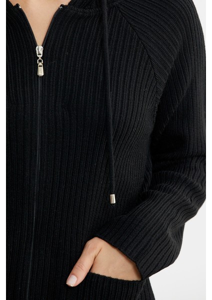 Kapüşonlu Tam Fermuarlı Yünlü Triko Hırka - Siyah indirimleri